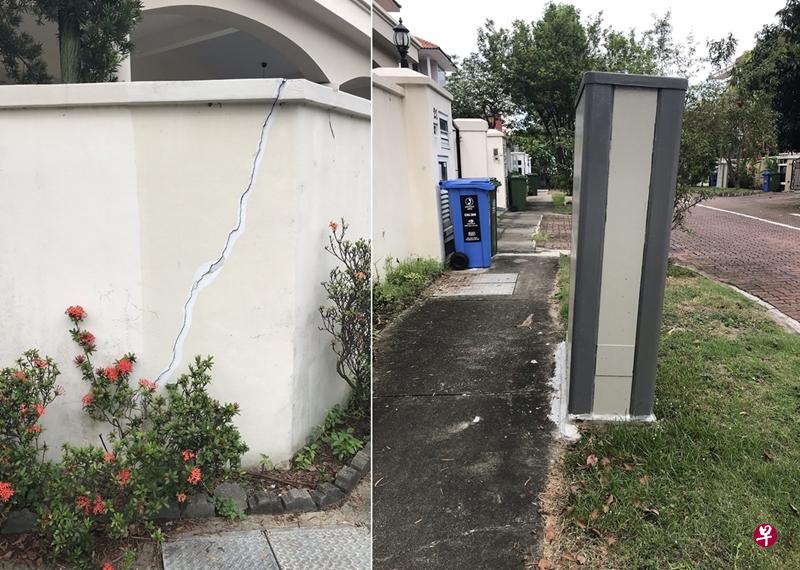 屋主指墙壁出现裂痕,路边的电箱也明显歪斜。(洪璐华摄) 屋主指墙壁出现裂痕,路边的电箱也明显歪斜。(洪璐华摄)