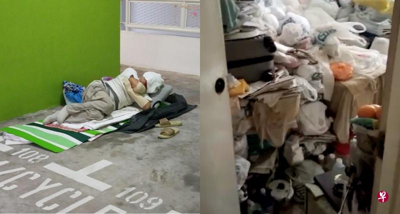 左图:胡锦荣早前因睡房堆满杂物,只好在停车场留宿。(取自穆仁理面簿)右图: 胡锦荣的睡房里原本堆满旧衣服、包包、报纸等杂物。(受访者提供) 左图:胡锦荣早前因睡房堆满杂物,只好在停车场留宿。(取自穆仁理面簿)右图: 胡锦荣的睡房里原本堆满旧衣服、包包、报纸等杂物。(受访者提供)