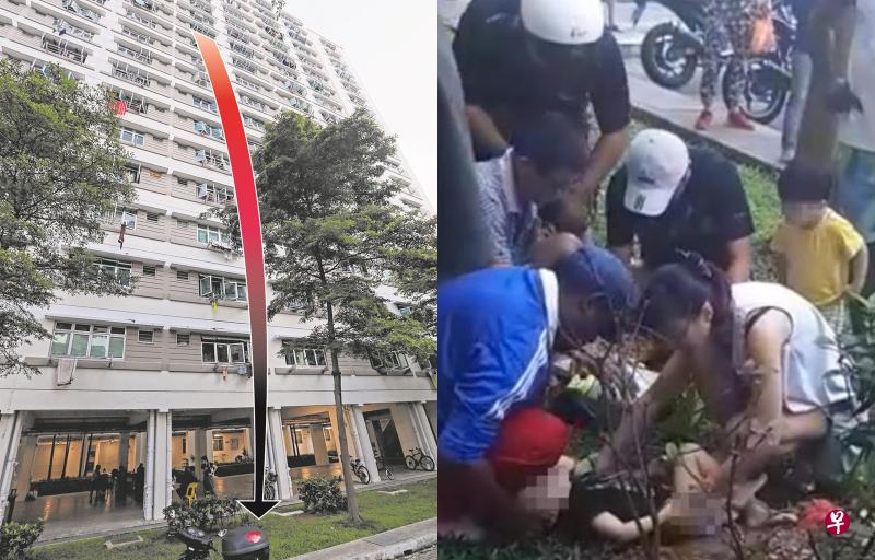 盛港组屋一名2岁男童从11楼飞坠,倒卧在草地上。(取自面簿) 盛港组屋一名2岁男童从11楼飞坠,倒卧在草地上。(取自面簿)
