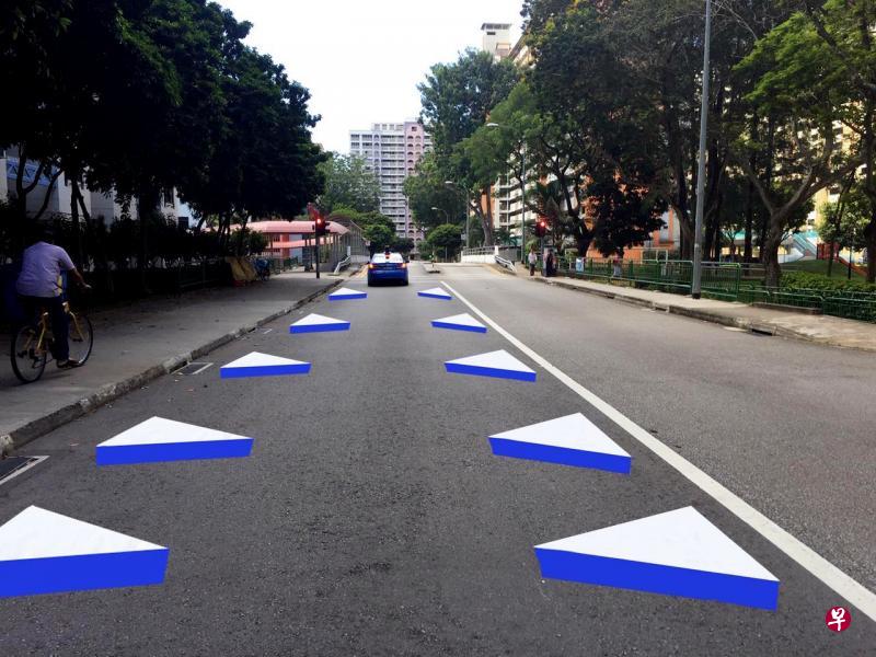 为了让行人更安全地行走,陆交局计划于黄埔通道乐龄安全区的道路漆上三维标记,这项试验性计划有助当局评估有立体感的三维标记对鼓励驾车者减速的效果。(陆交局提供示意图) 为了让行人更安全地行走,陆交局计划于黄埔通道乐龄安全区的道路漆上三维标记,这项试验性计划有助当局评估有立体感的三维标记对鼓励驾车者减速的效果。(陆交局提供示意图)