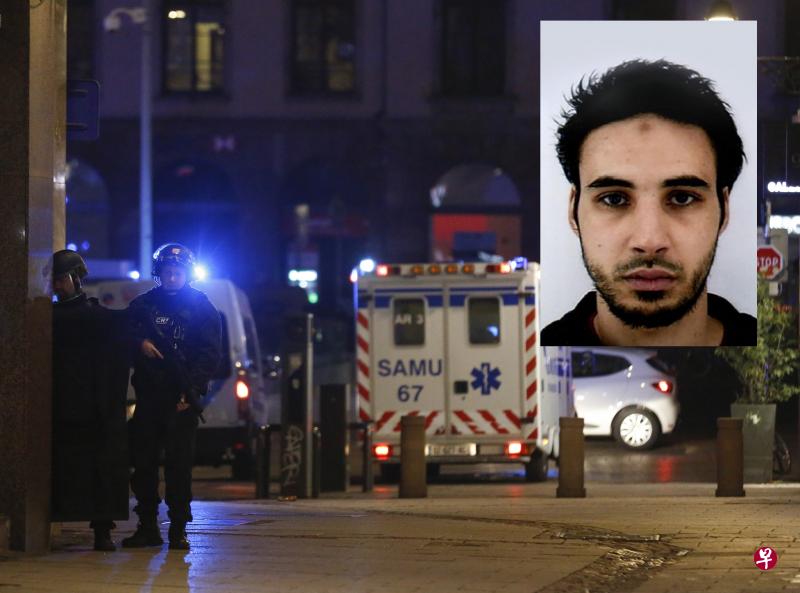 制造法国斯特拉斯堡枪击事件的枪手谢里夫·切卡特(Cherif Chekatt)(右上)13日晚被警察击毙。(左:新华社/右上:法新社) 制造法国斯特拉斯堡枪击事件的枪手谢里夫·切卡特(Cherif Chekatt)(右上)13日晚被警察击毙。(左:新华社/右上:法新社)
