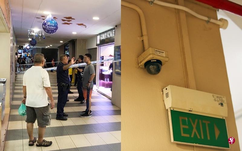 油池坊的一家珠宝店昨午发生攫夺案,警方事后到场拉起封锁线,进行调查。(右图)男子逃跑时,有至少有五台电眼捕捉到他的身影。(受访者提供/邝启聪摄) 油池坊的一家珠宝店昨午发生攫夺案,警方事后到场拉起封锁线,进行调查。(右图)男子逃跑时,有至少有五台电眼捕捉到他的身影。(受访者提供/邝启聪摄)