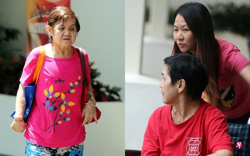 墨镜嫂(左图)坐轮椅,由女儿(右图站立者)推着上庭。(海峡时报) 墨镜嫂(左图)坐轮椅,由女儿(右图站立者)推着上庭。(海峡时报)