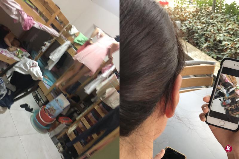 左:义顺出现猪仔屋,单是一间房就放置了三张双层床和挤了六名租客。(受访者提供)右:刘女士向记者出示她拍下“猪仔屋”内部情况的照片。 左:义顺出现猪仔屋,单是一间房就放置了三张双层床和挤了六名租客。(受访者提供)右:刘女士向记者出示她拍下“猪仔屋”内部情况的照片。