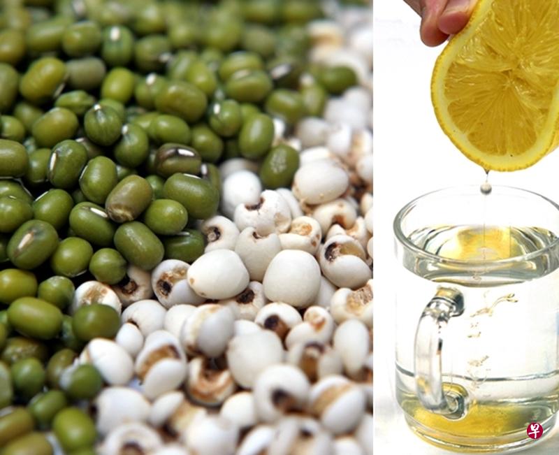 薏米绿豆汤(左)与柠檬蜂蜜水。(档案照) 薏米绿豆汤(左)与柠檬蜂蜜水。(档案照)