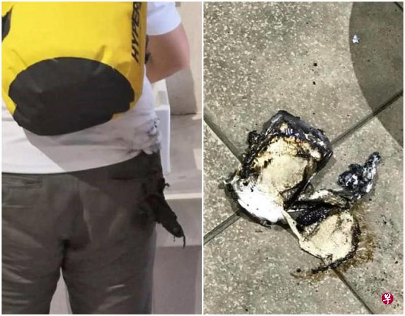 手机充电器突爆炸,整个烧得焦黑;男子把充电器放在裤袋里,结果裤袋被烧破了一个洞。(受访者提供) 手机充电器突爆炸,整个烧得焦黑;男子把充电器放在裤袋里,结果裤袋被烧破了一个洞。(受访者提供)