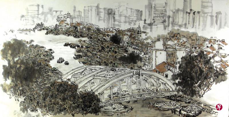 影片《忆记新加坡河》访问三位画家林子平、陈楚智与刘培和,图为林子平水墨画。(图片由受访者提供) 影片《忆记新加坡河》访问三位画家林子平、陈楚智与刘培和,图为林子平水墨画。(图片由受访者提供)