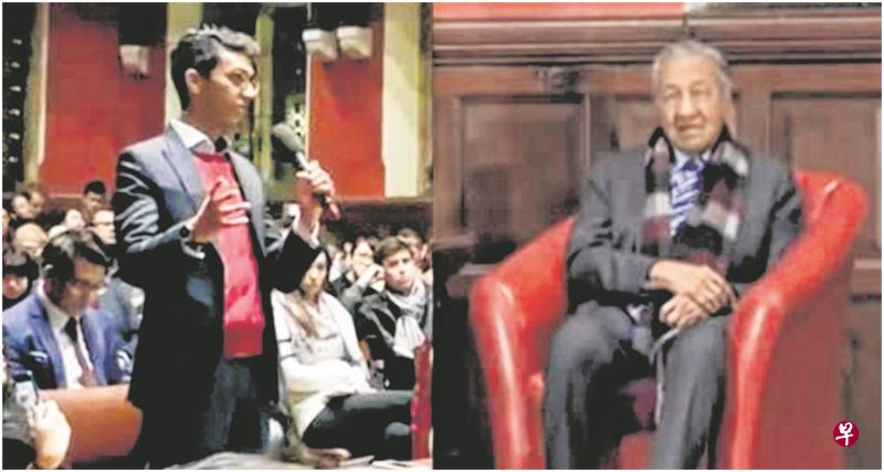 达伦(左)前天参加英国牛津大学辩论社活动时,向马国首相马哈迪提出尖锐的问题,包括新马领海纠纷。(取自面簿) 达伦(左)前天参加英国牛津大学辩论社活动时,向马国首相马哈迪提出尖锐的问题,包括新马领海纠纷。(取自面簿)