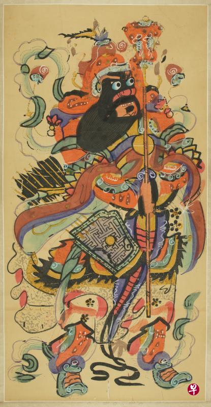 隋唐名将秦琼和尉迟恭是流传最广最为普遍的一对门神。清代光绪的这张杨柳青年画粗犷豪放,颇为写意。(侨福当代美术馆提供) 隋唐名将秦琼和尉迟恭是流传最广最为普遍的一对门神。清代光绪的这张杨柳青年画粗犷豪放,颇为写意。(侨福当代美术馆提供)