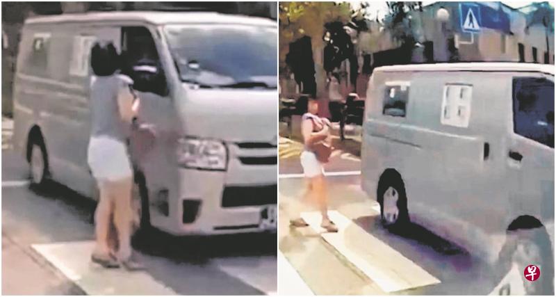 左图:货车当时与妇女“擦肩而过”,险过剃头。右图:货车开走后,妇女被吓到呆站在斑马线上,迟迟回不过神。(视频截图) 左图:货车当时与妇女“擦肩而过”,险过剃头。右图:货车开走后,妇女被吓到呆站在斑马线上,迟迟回不过神。(视频截图)