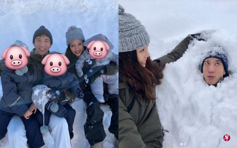 王力宏(左图左二)带妻小赴瑞士滑雪。王力宏(右图右)被埋进雪堆。(翻摄自IG) 王力宏(左图左二)带妻小赴瑞士滑雪。王力宏(右图右)被埋进雪堆。(翻摄自IG)