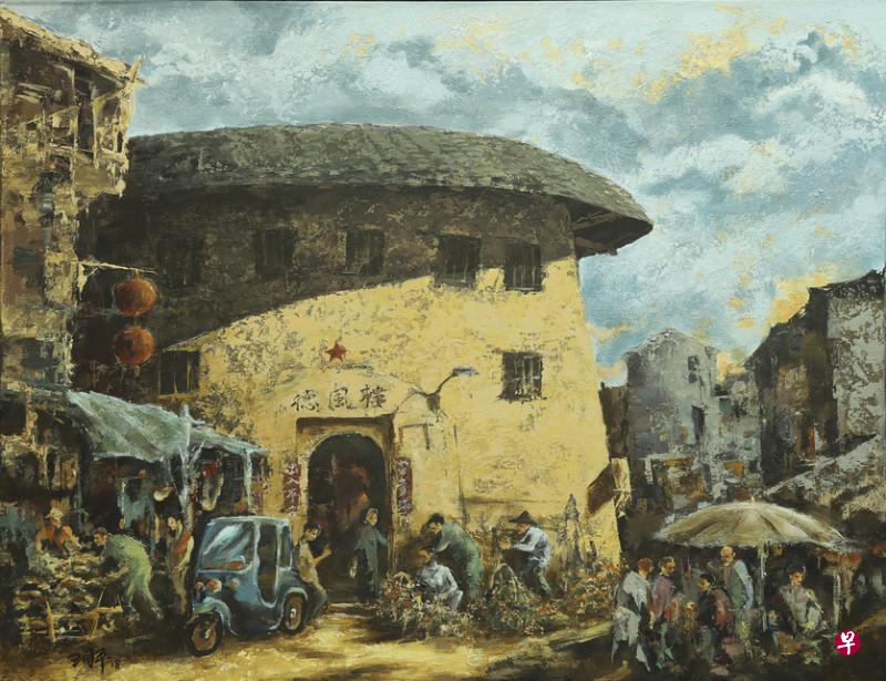 新加坡画家王国平油画《土楼印象》。(主办方提供) 新加坡画家王国平油画《土楼印象》。(主办方提供)