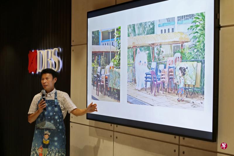 阿果穿上朋友为他定制的插画家围裙,与早报读者和粉丝分享他的创意点滴。 阿果穿上朋友为他定制的插画家围裙,与早报读者和粉丝分享他的创意点滴。