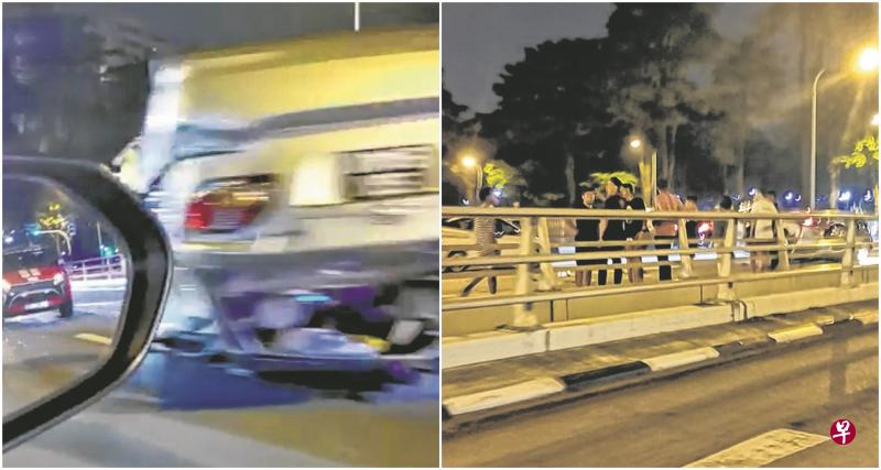 左图:昨天凌晨12时20分左右,图中的银色轿车在与德士相撞后翻覆。右图:意外发生后,警方和民防人员陆续到场,警方还一度封路调查。(受访者提供) 左图:昨天凌晨12时20分左右,图中的银色轿车在与德士相撞后翻覆。右图:意外发生后,警方和民防人员陆续到场,警方还一度封路调查。(受访者提供)