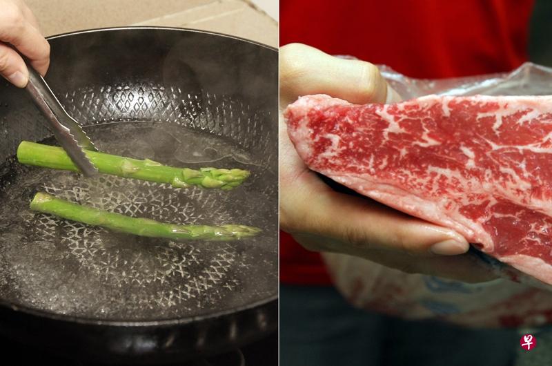 痛风患者应少吃高嘌呤的食物,如芦笋(左)、红肉等。(档案照) 痛风患者应少吃高嘌呤的食物,如芦笋(左)、红肉等。(档案照)