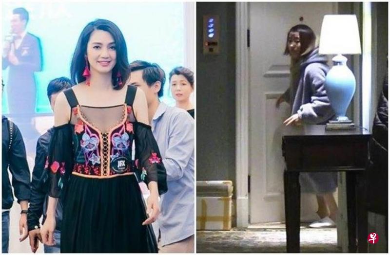 洪欣(左图)在风波后首次现身活动。“小三”经纪人毕滢(右图)被拍到穿睡袍从张丹峰房间出来。(互联网) 洪欣(左图)在风波后首次现身活动。“小三”经纪人毕滢(右图)被拍到穿睡袍从张丹峰房间出来。(互联网)