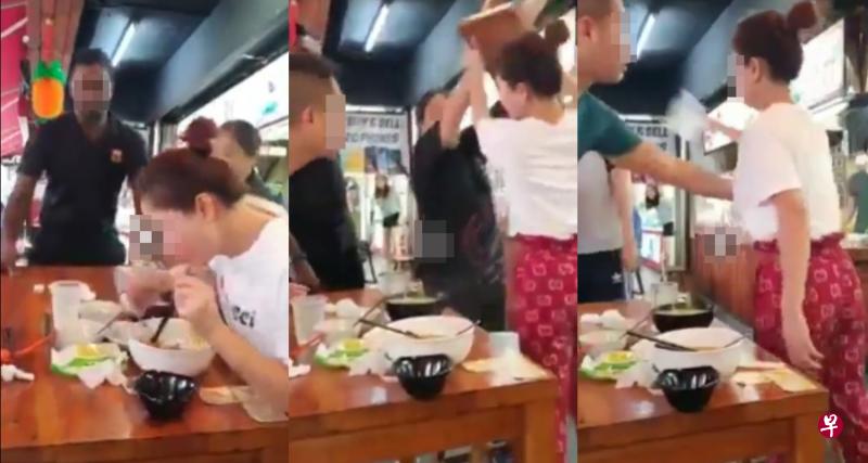 (左)男子大闹时,白衣女郎一直全神贯注在吃面,完全不受影响;(中)女郎被汤汁溅到后当场发飙,站起来举起一张凳子作状要砸人;(右)女郎心有不甘,拿起一杯水就朝壮汉丢去。(视频截图) (左)男子大闹时,白衣女郎一直全神贯注在吃面,完全不受影响;(中)女郎被汤汁溅到后当场发飙,站起来举起一张凳子作状要砸人;(右)女郎心有不甘,拿起一杯水就朝壮汉丢去。(视频截图)