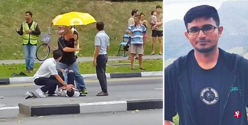 公众为受伤学生撑伞。 死者艾沙特是一名消防员,新婚4个月。(右图/受访者提供) 公众为受伤学生撑伞。 死者艾沙特是一名消防员,新婚4个月。(右图/受访者提供)