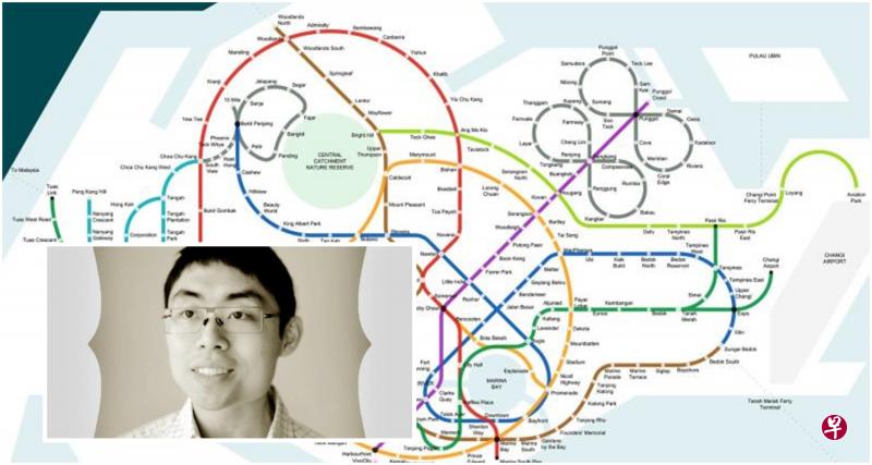 31岁设计师陈安龙(小图)重新设计的全岛地铁路线图以弧线为主,还加入滨海湾和中央集水区,让公众更准确掌握地理位置。(取自面簿) 31岁设计师陈安龙(小图)重新设计的全岛地铁路线图以弧线为主,还加入滨海湾和中央集水区,让公众更准确掌握地理位置。(取自面簿)
