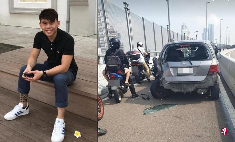左图:死者蔡宇恒。(受访者提供)右图:轿车误闯新柔长堤电单车专用道,疑欲后退时撞倒电单车。(档案照) 左图:死者蔡宇恒。(受访者提供)右图:轿车误闯新柔长堤电单车专用道,疑欲后退时撞倒电单车。(档案照)