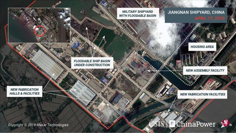 2019年4月17日,卫星图像显示了中国上海江南造船厂建造的第三艘中国航母情况。(路透社) 2019年4月17日,卫星图像显示了中国上海江南造船厂建造的第三艘中国航母情况。(路透社)
