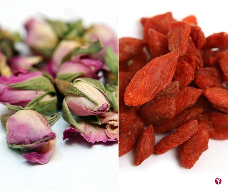 玫瑰花(左)与枸杞子有助顾护肾精、调肝血。(档案照) 玫瑰花(左)与枸杞子有助顾护肾精、调肝血。(档案照)