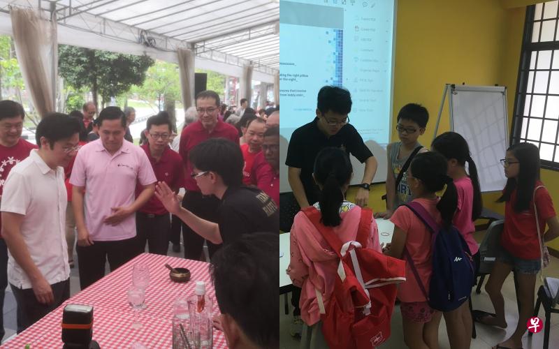 (左)油池华助会外,莱佛士学生为工作人员介绍爱因斯坦计划。(右) (左)油池华助会外,莱佛士学生为工作人员介绍爱因斯坦计划。(右)