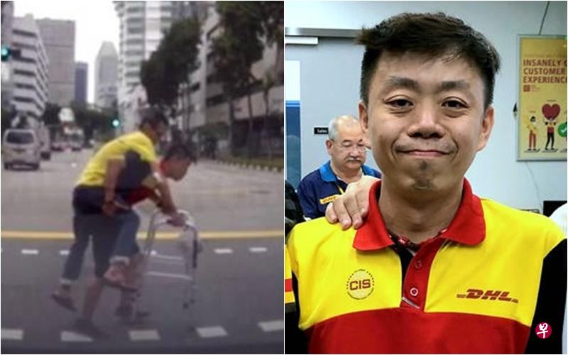 安森(右)背着行动不便的老人过马路,大获网民和公司表扬。(取自Stomp网站) 安森(右)背着行动不便的老人过马路,大获网民和公司表扬。(取自Stomp网站)