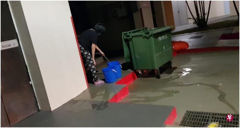 读者王先生发现一名妇女带着三个水桶和一个大水瓶,在组屋的垃圾槽内偷水。(读者提供) 读者王先生发现一名妇女带着三个水桶和一个大水瓶,在组屋的垃圾槽内偷水。(读者提供)