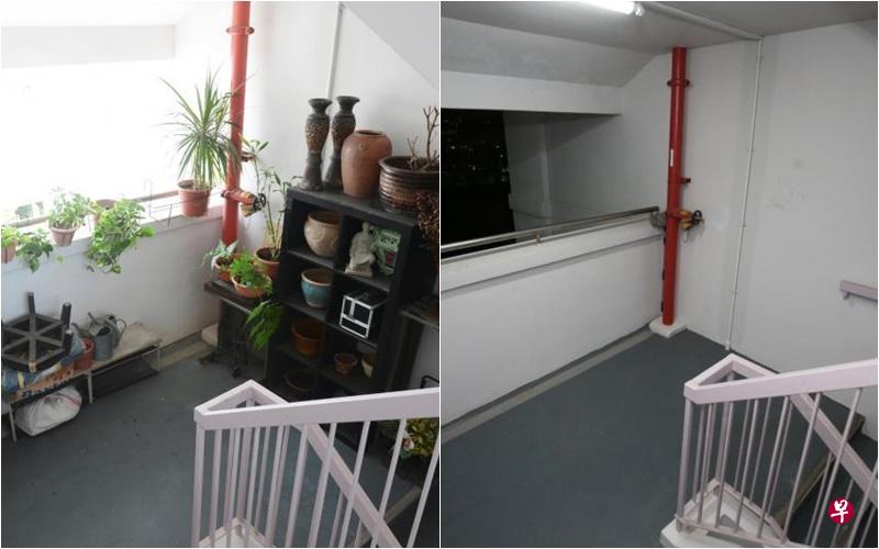 左图:该组屋楼梯处之前摆放了许多盆栽。(潘丰源摄)右图:市镇会派人协助屋主移走盆栽后,楼梯处昨晚已空无一物。(谢智扬摄) 左图:该组屋楼梯处之前摆放了许多盆栽。(潘丰源摄)右图:市镇会派人协助屋主移走盆栽后,楼梯处昨晚已空无一物。(谢智扬摄)