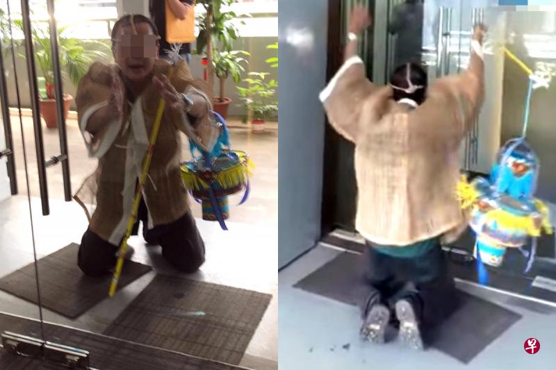 追债公司老板在被指欠债的公司外跪求“还钱啊”。(左图:受访者提供;右图:互联网) 追债公司老板在被指欠债的公司外跪求“还钱啊”。(左图:受访者提供;右图:互联网)