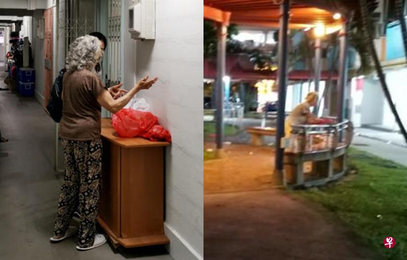姓邝的阿嫲告诉记者（左图），她希望自己的举动能让居民不要乱丢垃圾。（陈渊庄摄）阿嫲每周一都会提桶到楼下抹公共桌椅（右图），善举被居民拍下。（读者提供）