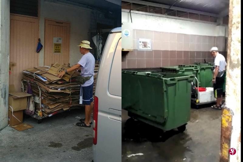 阿伯装满水桶后,就会推着水桶到堆放纸皮的地方,往纸皮洒水,好让纸皮能卖出好价钱。(受访者提供) 阿伯装满水桶后,就会推着水桶到堆放纸皮的地方,往纸皮洒水,好让纸皮能卖出好价钱。(受访者提供)