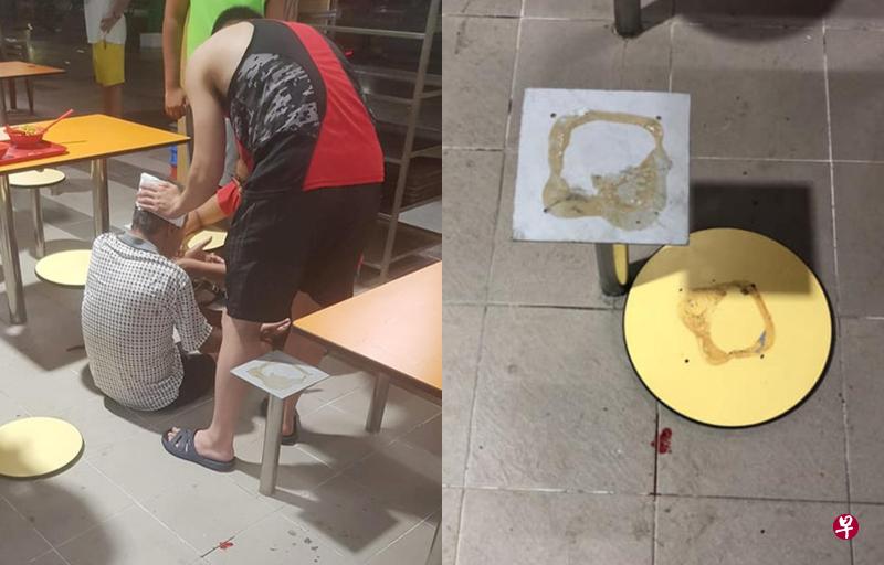 (左图)老汉从凳子上摔下跌破头,不少人上前提供援助。(右图)小贩中心的凳子坐板掉落在地,被网友拍下放上网。(取自面簿) (左图)老汉从凳子上摔下跌破头,不少人上前提供援助。(右图)小贩中心的凳子坐板掉落在地,被网友拍下放上网。(取自面簿)
