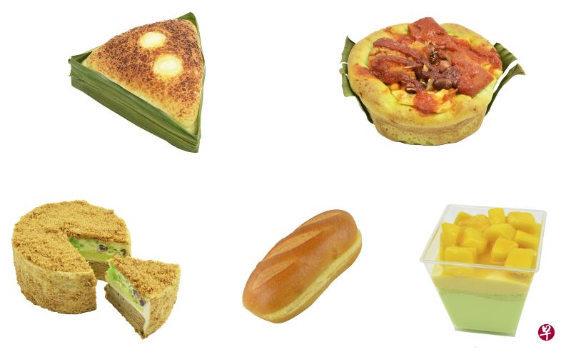 富有南洋风味的瑞兴面包糕点,(左起)仁当叔、椰大娘、珍多阿哥哥、古油糖、香芒时代。(商家提供) 富有南洋风味的瑞兴面包糕点,(左起)仁当叔、椰大娘、珍多阿哥哥、古油糖、香芒时代。(商家提供)