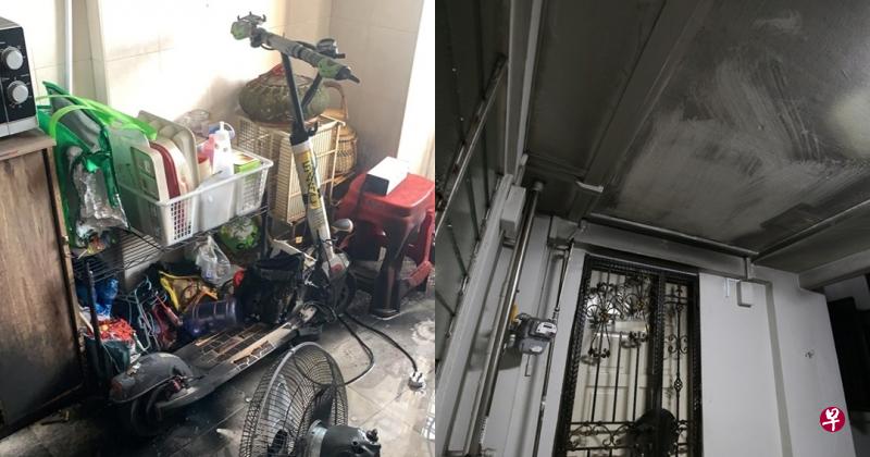 马林台组屋的一辆电动踏板车充电时突然起火,幸男屋主及时拿几桶水将火扑灭。(取自民防部队面簿/陈渊庄摄) 马林台组屋的一辆电动踏板车充电时突然起火,幸男屋主及时拿几桶水将火扑灭。(取自民防部队面簿/陈渊庄摄)