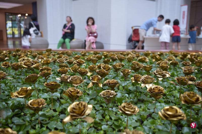 印尼艺术家Siti Adiyati装置《凤眼莲和玫瑰花》用植物创作,质疑资本主义。(海峡时报) 印尼艺术家Siti Adiyati装置《凤眼莲和玫瑰花》用植物创作,质疑资本主义。(海峡时报)