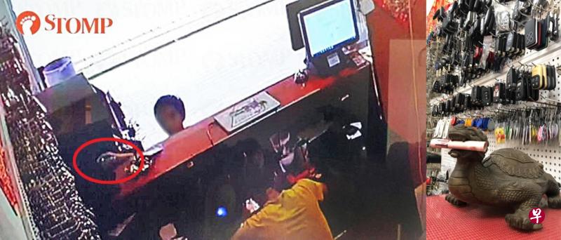 少年被拍到当着店员面前,伸手偷走貔貅嘴中(上图圈)的288元钞票。(STOMP) 少年被拍到当着店员面前,伸手偷走貔貅嘴中(上图圈)的288元钞票。(STOMP)