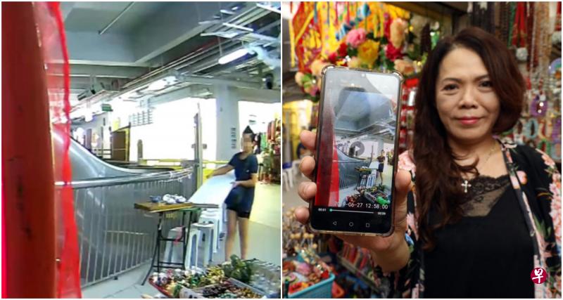 朱美琪向记者展示闭路电视画面,指隔壁服饰店老板娘故意撞翻她放在桌上的茶具。(邝启聪摄) 朱美琪向记者展示闭路电视画面,指隔壁服饰店老板娘故意撞翻她放在桌上的茶具。(邝启聪摄)