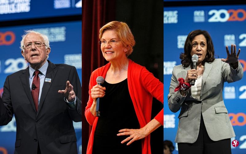 三名民主党总统参选人分别为参议员桑德斯(Bernie Sanders,左起)、伊丽莎白沃伦(Elizabeth Warren)及加利福尼亚州参议员贺锦丽(Kamala Harris)。(彭博社/路透社) 三名民主党总统参选人分别为参议员桑德斯(Bernie Sanders,左起)、伊丽莎白沃伦(Elizabeth Warren)及加利福尼亚州参议员贺锦丽(Kamala Harris)。(彭博社/路透社)
