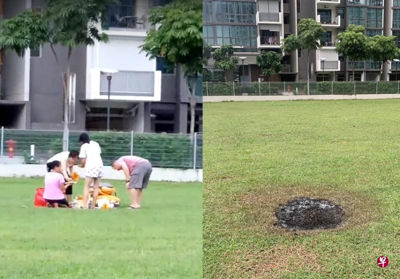 左图:一家四口在草坪上焚烧祭品(视频截图)。右图:居民未使用焚烧设施,导致草地被烧至一片焦黑。 左图:一家四口在草坪上焚烧祭品(视频截图)。右图:居民未使用焚烧设施,导致草地被烧至一片焦黑。