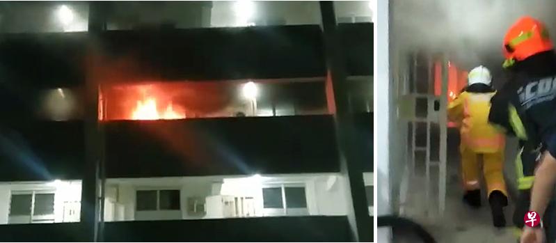 火势一秒从浓烟变大火,民防人员冲去扑灭火势。(取自网络) 火势一秒从浓烟变大火,民防人员冲去扑灭火势。(取自网络)