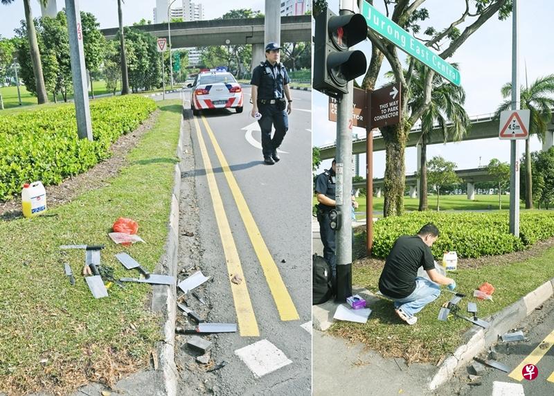 调查人员到场将刀子一一收好带回警局。(蔡振鸿摄) 调查人员到场将刀子一一收好带回警局。(蔡振鸿摄)