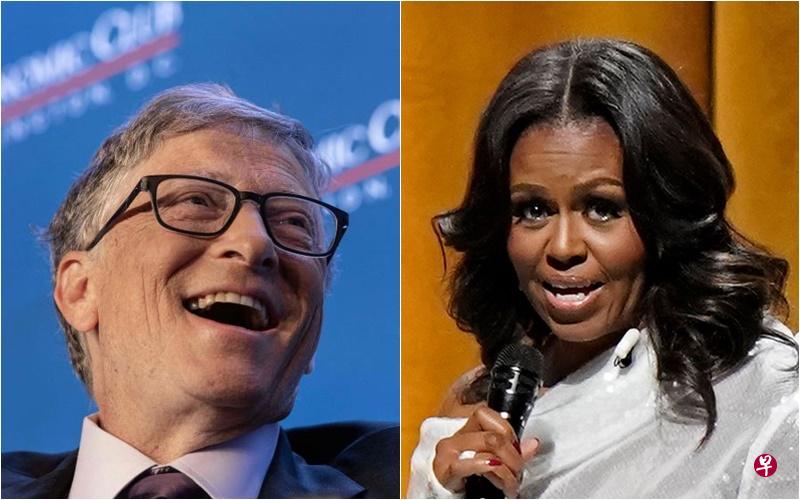 微软始创人盖茨(左)和美国前第一夫人米歇尔在今年全球声望最高人物排行中位居榜首。(法新社) 微软始创人盖茨(左)和美国前第一夫人米歇尔在今年全球声望最高人物排行中位居榜首。(法新社)