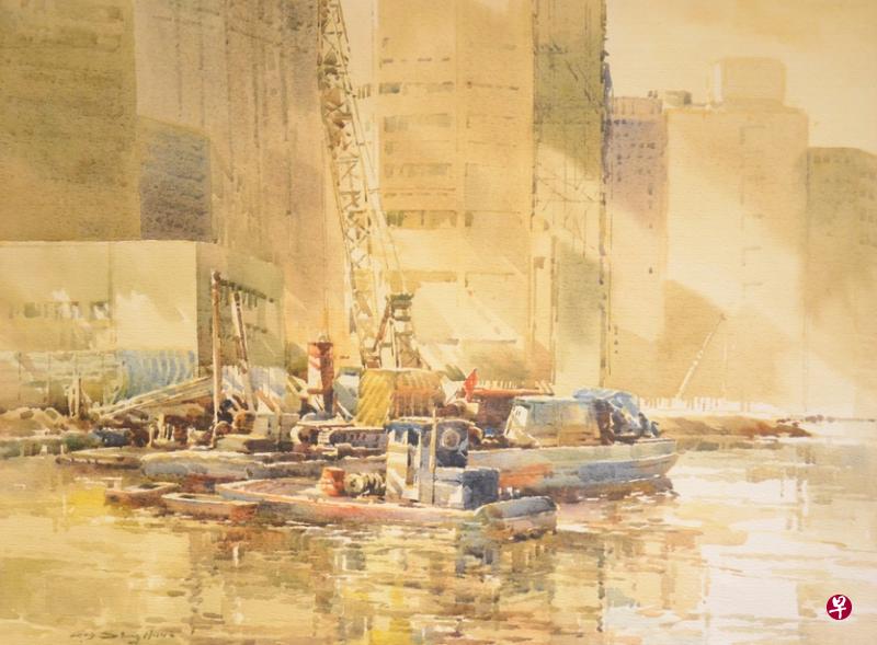 吴承惠作于1985年的水彩画《清理新加坡河》。(主办方提供) 吴承惠作于1985年的水彩画《清理新加坡河》。(主办方提供)