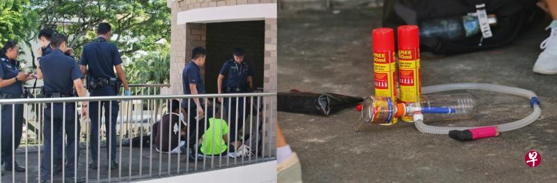 左图:警员到场后,向4名中学生问话。 右图:现场发现疑似水烟斗的物品以及几瓶气雾罐。 左图:警员到场后,向4名中学生问话。 右图:现场发现疑似水烟斗的物品以及几瓶气雾罐。