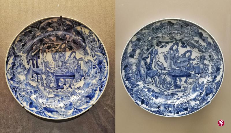 大英博物馆藏的青花瓷盘(左)与亚洲文明博物馆的青花瓷盘(右)乍看相似。 大英博物馆藏的青花瓷盘(左)与亚洲文明博物馆的青花瓷盘(右)乍看相似。