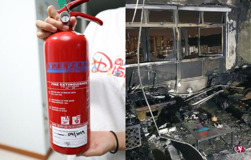 (左图)有灭火器公司上周到武吉巴督一带的组屋推销灭火器,以179元的价格售卖2公斤的干粉灭火器,并称有十年的保修期。(右图)武吉巴督第293D座组屋单位在上周四凌晨发生大火,男屋主不幸过世。 (左图)有灭火器公司上周到武吉巴督一带的组屋推销灭火器,以179元的价格售卖2公斤的干粉灭火器,并称有十年的保修期。(右图)武吉巴督第293D座组屋单位在上周四凌晨发生大火,男屋主不幸过世。