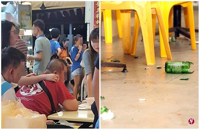 左图:事发当晚和友人到咖啡店吃饭庆生的男子(红衣),因碰撞而与人爆发冲突,结果被酒瓶砸头,血流如注。(读者提供)右图:咖啡店一角留下多个被砸破的酒瓶,警方封锁现场调查近两个小时。(邝启聪摄影) 左图:事发当晚和友人到咖啡店吃饭庆生的男子(红衣),因碰撞而与人爆发冲突,结果被酒瓶砸头,血流如注。(读者提供)右图:咖啡店一角留下多个被砸破的酒瓶,警方封锁现场调查近两个小时。(邝启聪摄影)