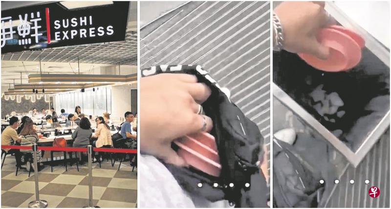 男子拍下到裕廊西城(Westgate)寿司连锁店争鲜(Sushi Express)“偷吃”和丢盘的经过。(互联网) 男子拍下到裕廊西城(Westgate)寿司连锁店争鲜(Sushi Express)“偷吃”和丢盘的经过。(互联网)
